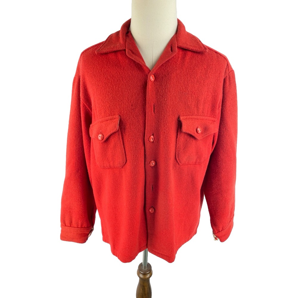 Stagway (Fits XL) Vtg 50s‎ Shacket Shirt Jacket 100% Wool Red Distressed Hunting